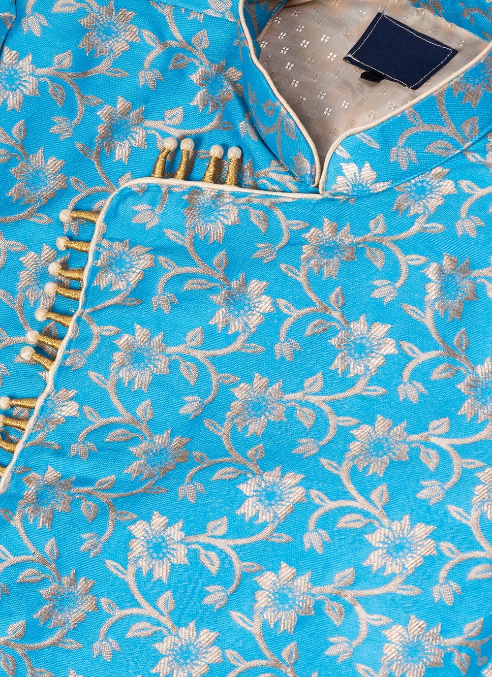 Embroidered Jacquard Silk Aqua Blue Indo Western - M7049