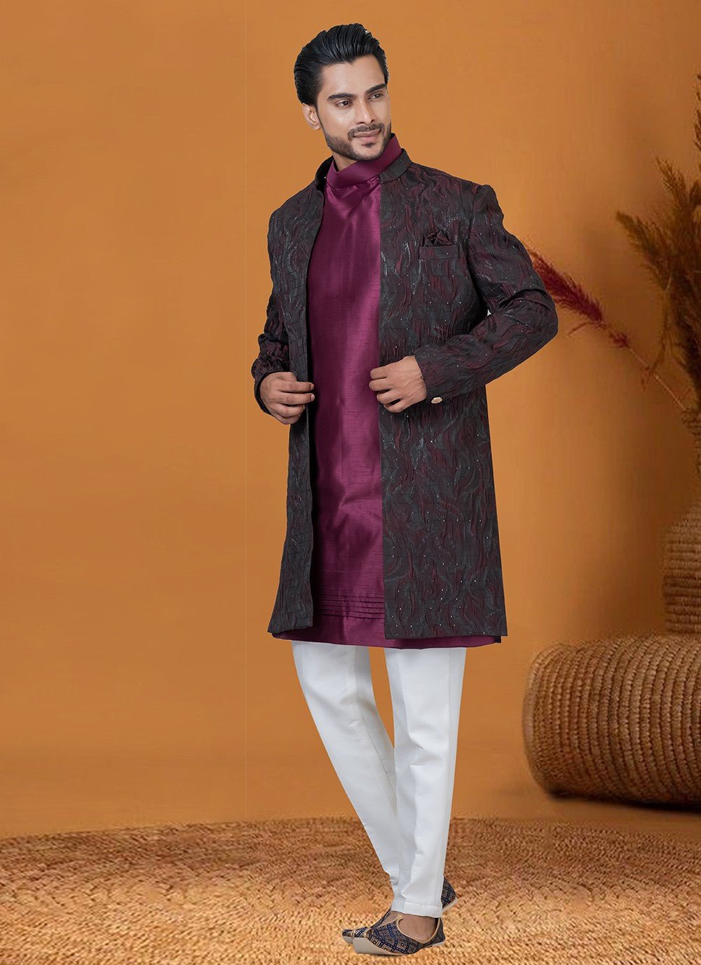 Jacquard Work Jacquard Silk Wine Indo Western - M8376