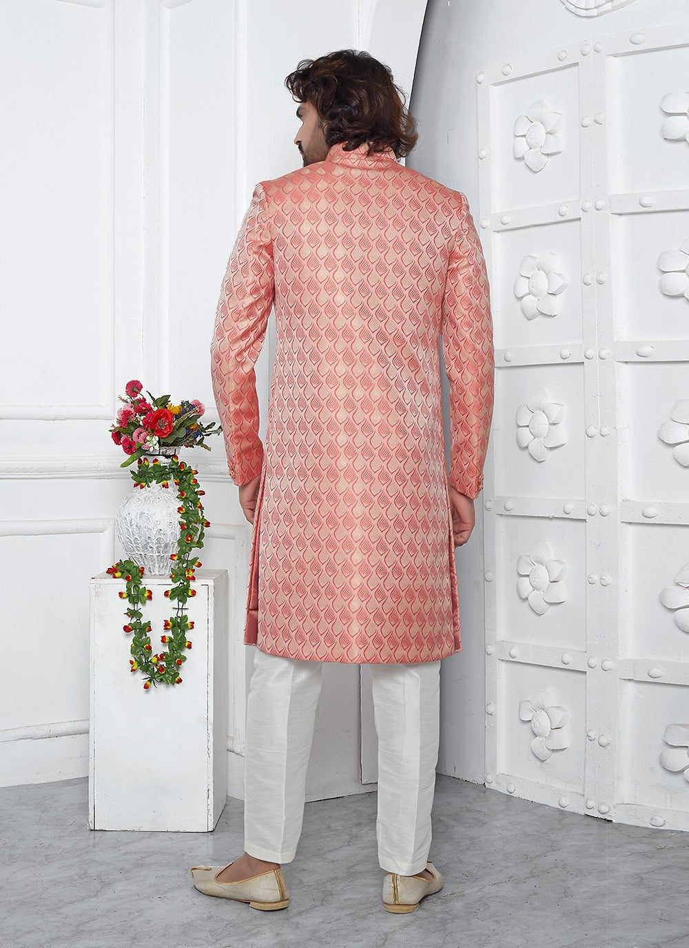 Fancy Work Jacquard Silk Peach, Pink Indo Western - M6607