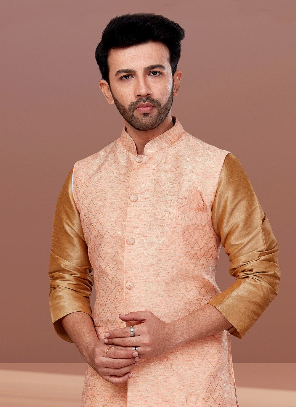 Jacquard Work Jacquard Silk Peach Nehru Jackets - M7372