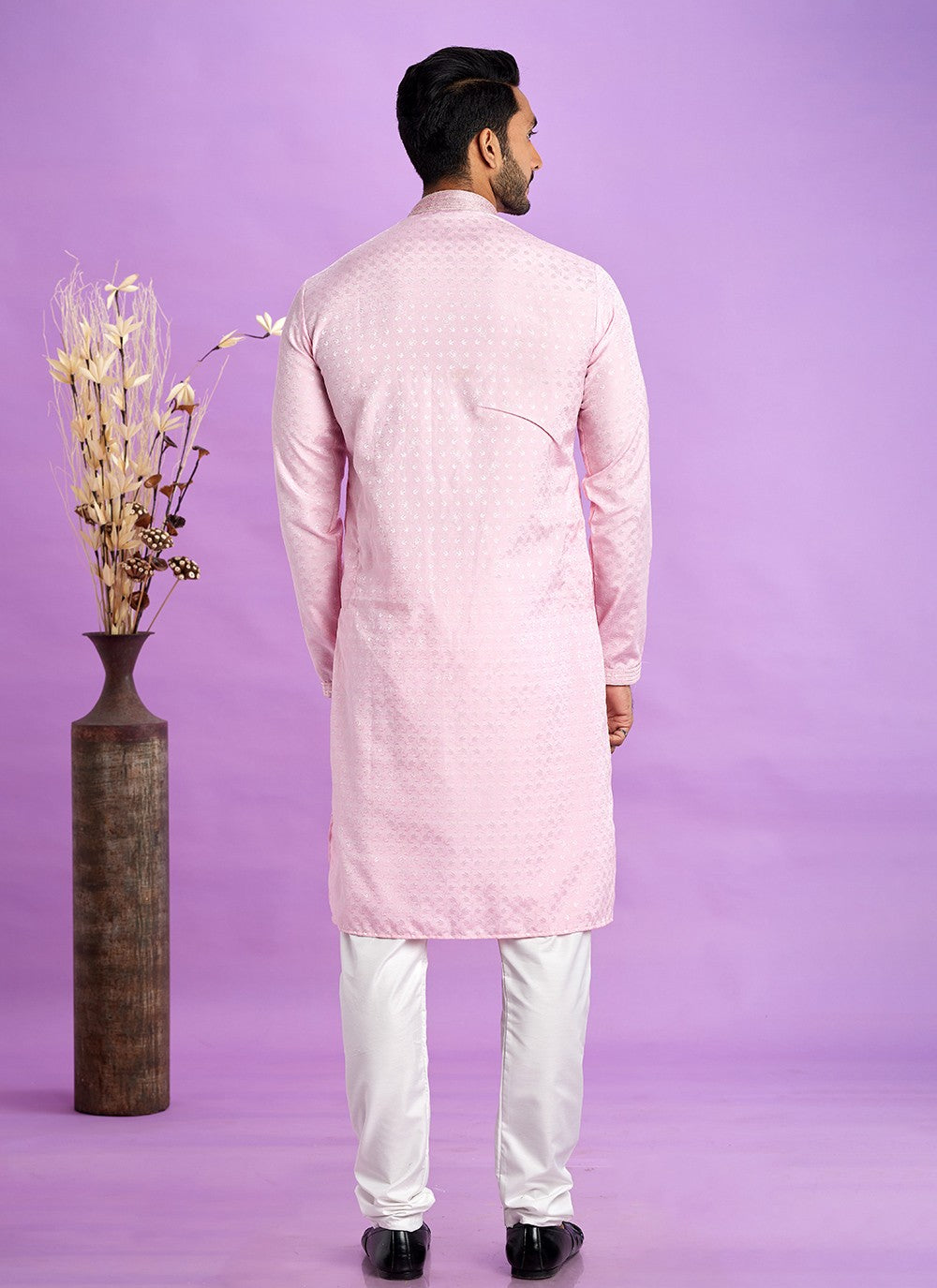 Fancy Work Jacquard Silk Pink Kurta Pyjama - M6917