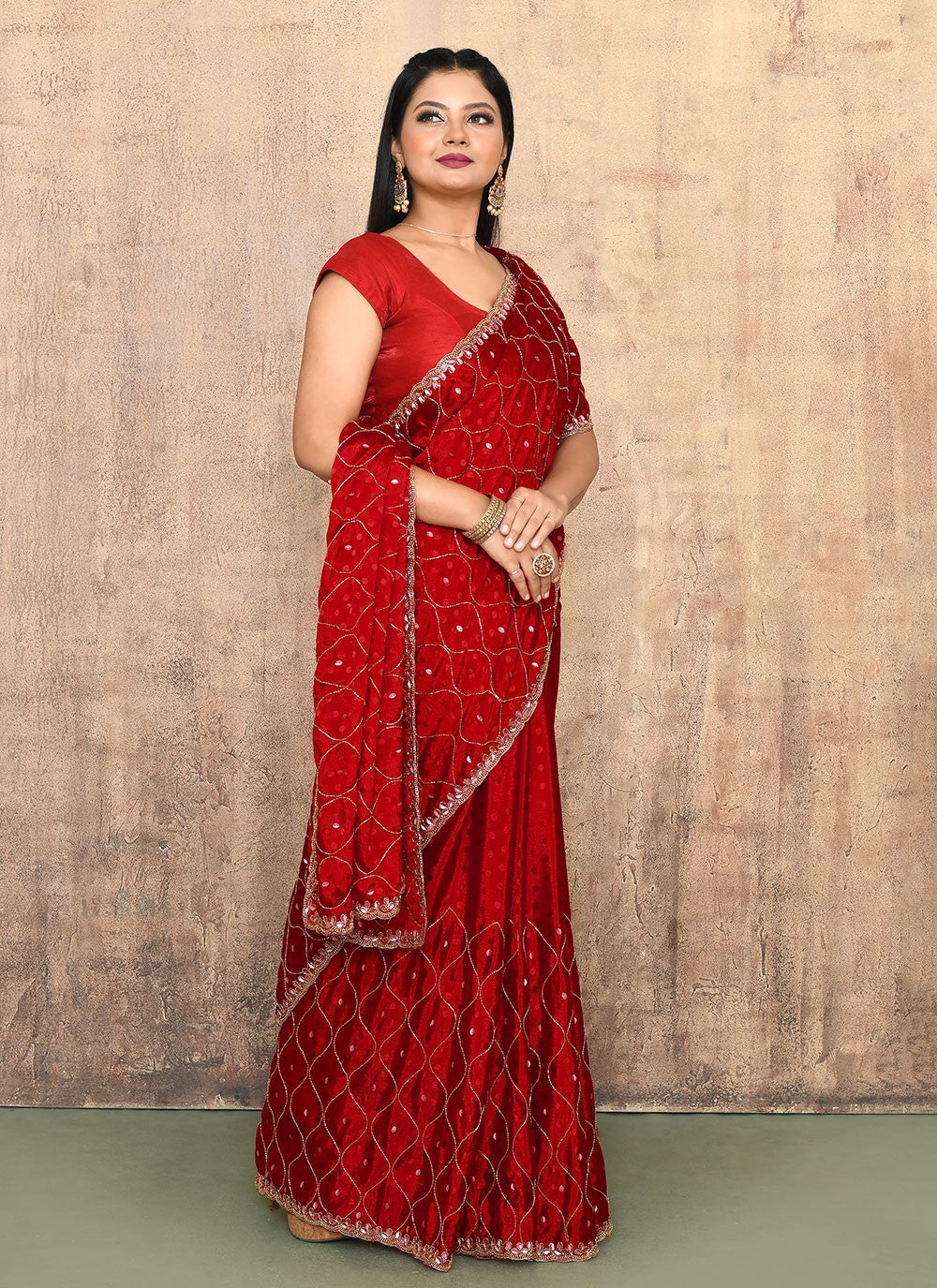 Trendy Saree Hand Embroidery Red Jacquard Silk Saree S13140