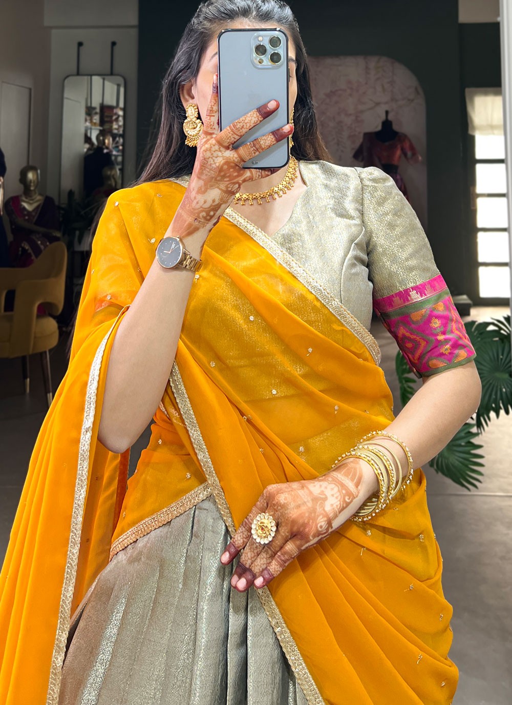 Jacquard Silk Mehandi & Sangeet A - Line Lehenga L3554