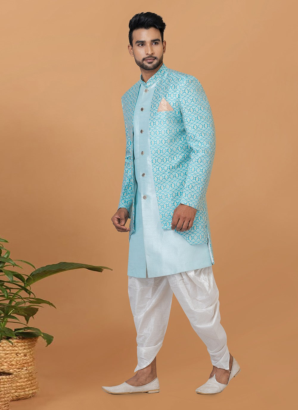 Fancy Work Dupion Silk, Jacquard Silk Turquoise Indo Western Sherwani - M5987