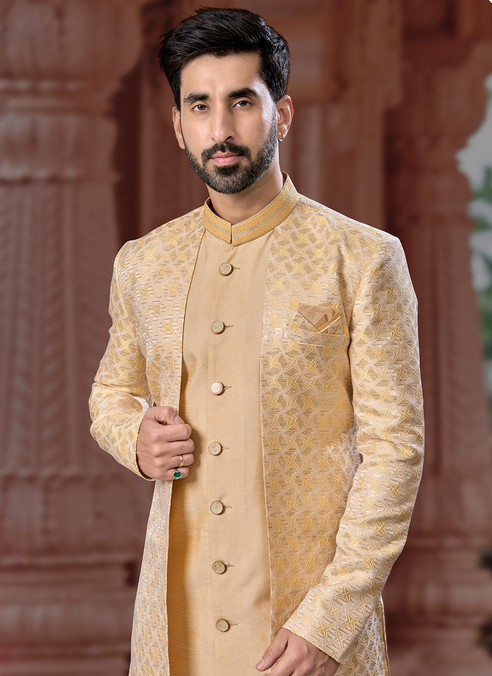 Machine Embroidery Dupion Silk, Jacquard Beige Indo Western Sherwani - M7140