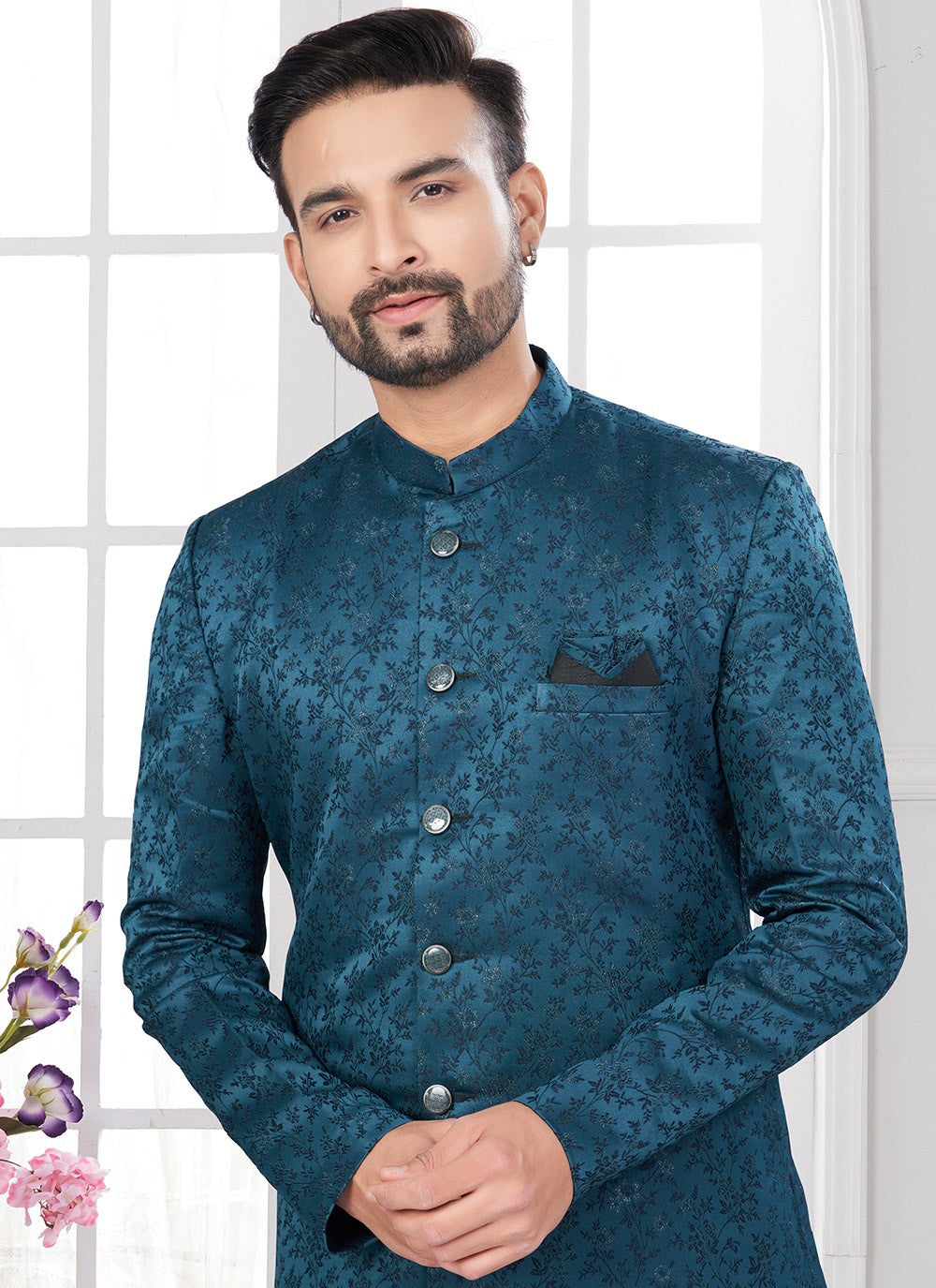 Buttons Imported, Jacquard Teal Indo Western - M8660