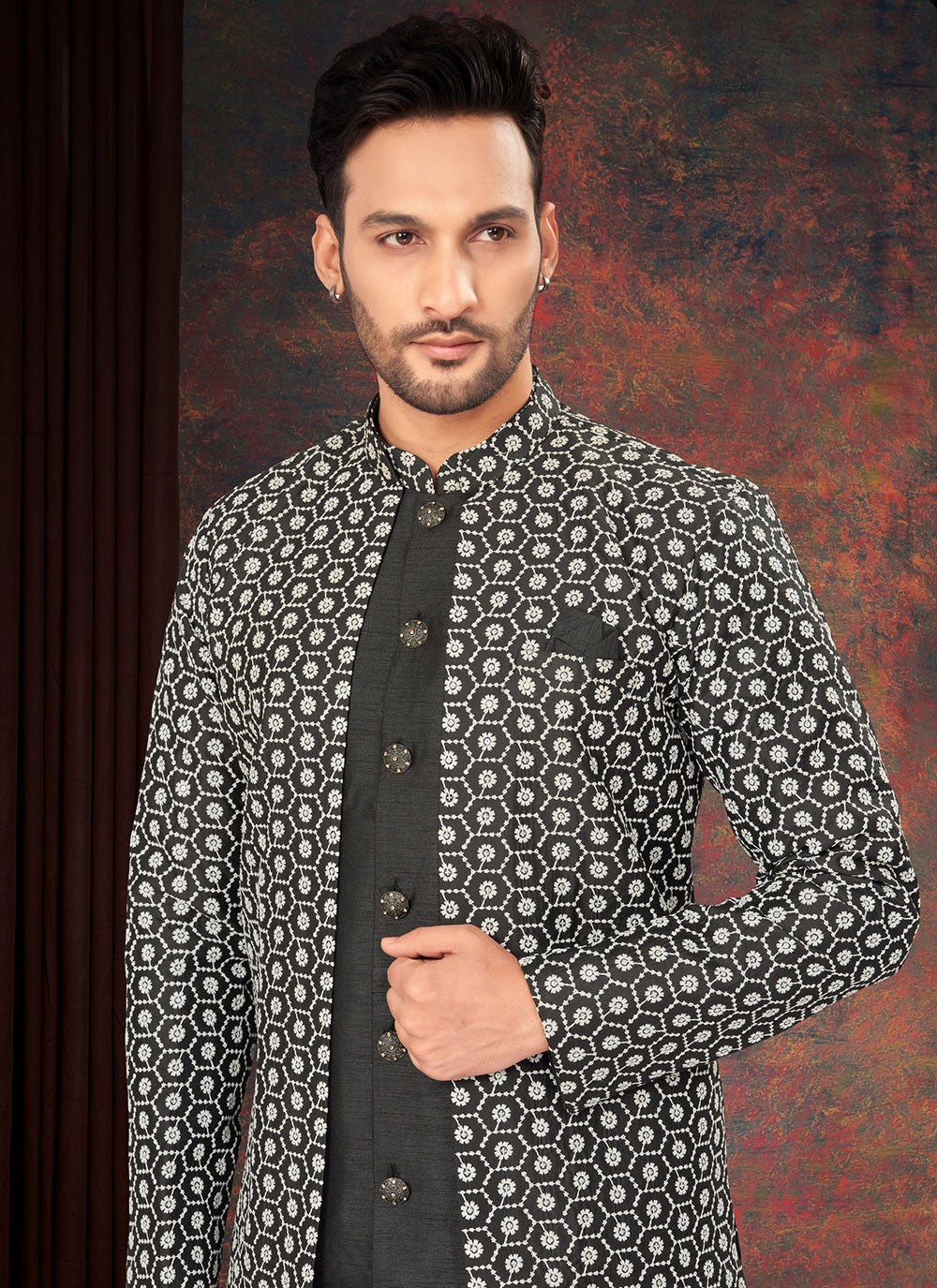 Embroidered Jacquard Black Indo Western - M7208