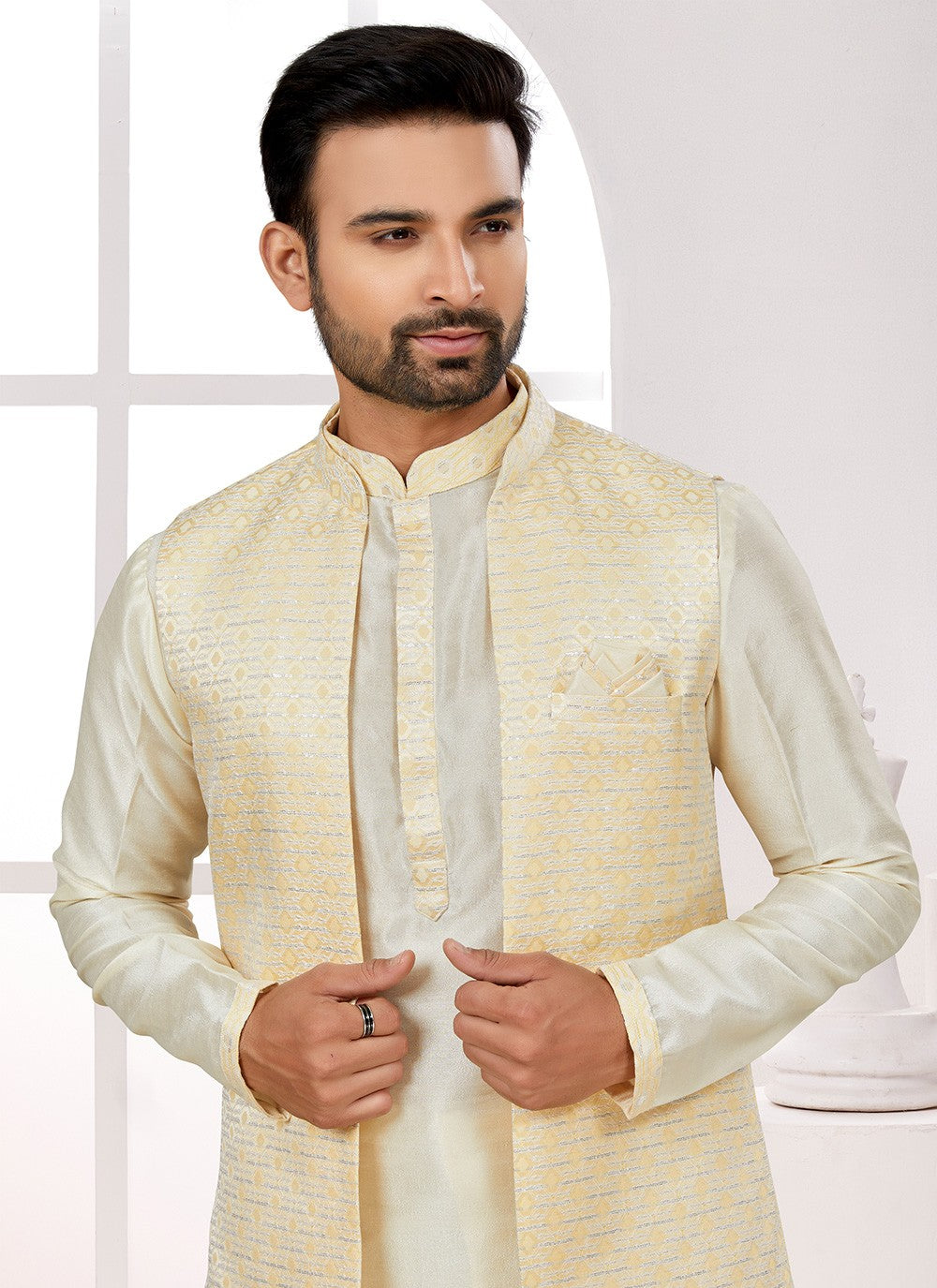 Thread Jacquard Yellow Kurta Payjama With Jacket - M6709