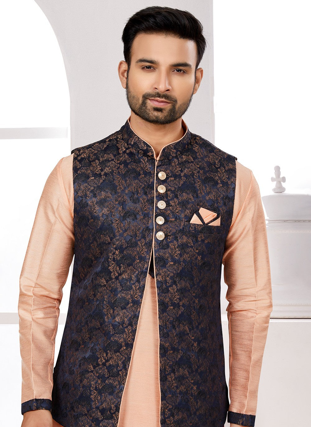 Thread Jacquard Navy Blue Kurta Payjama With Jacket - M6712