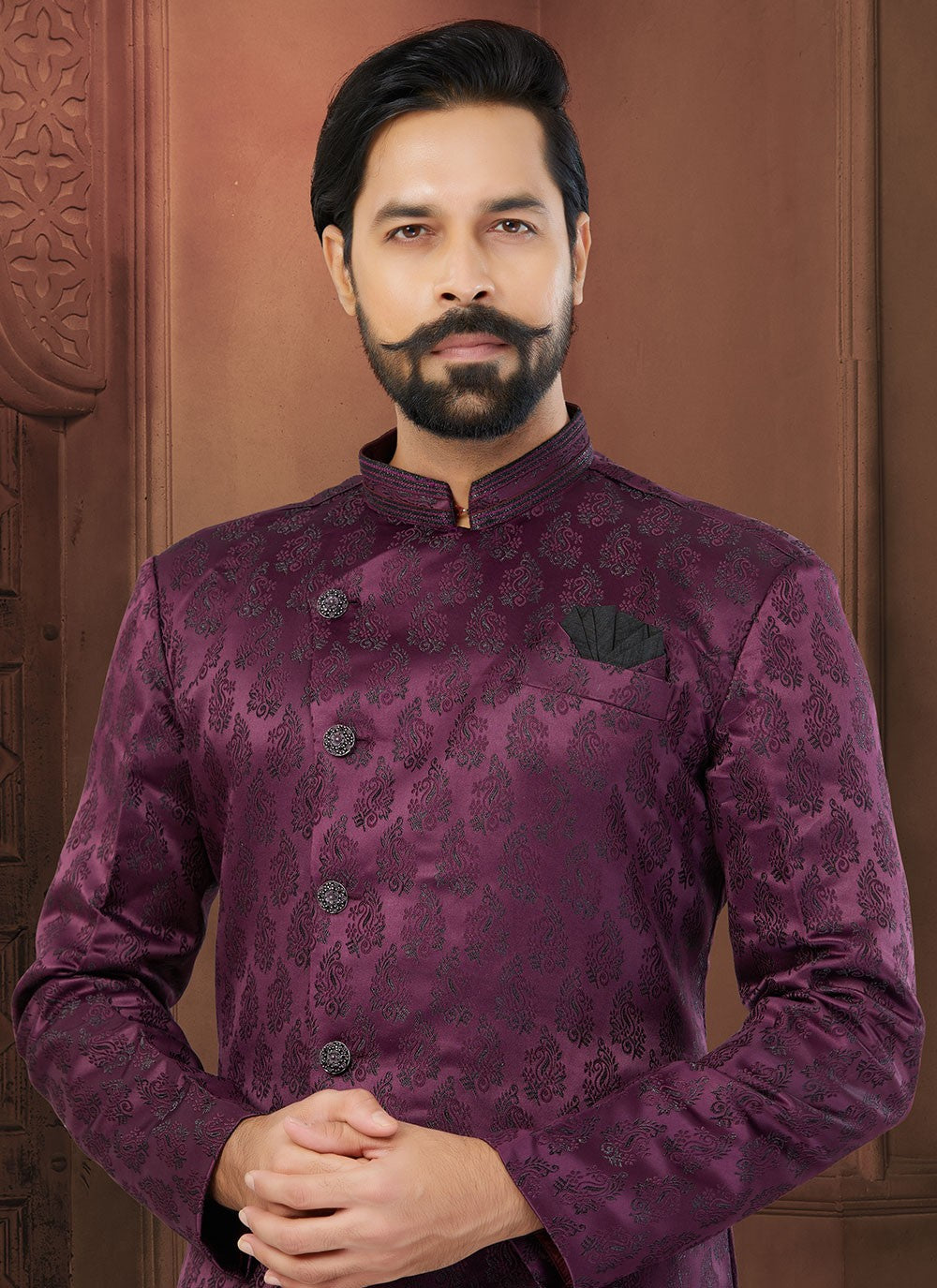 Fancy Work Jacquard Wine Indo Western Sherwani - M5803