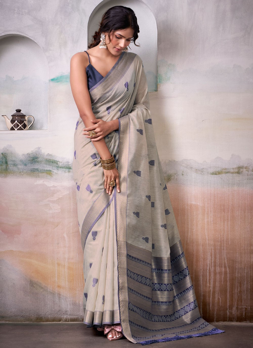 Off White Cotton Traditional Saree Jacquard Work S17559