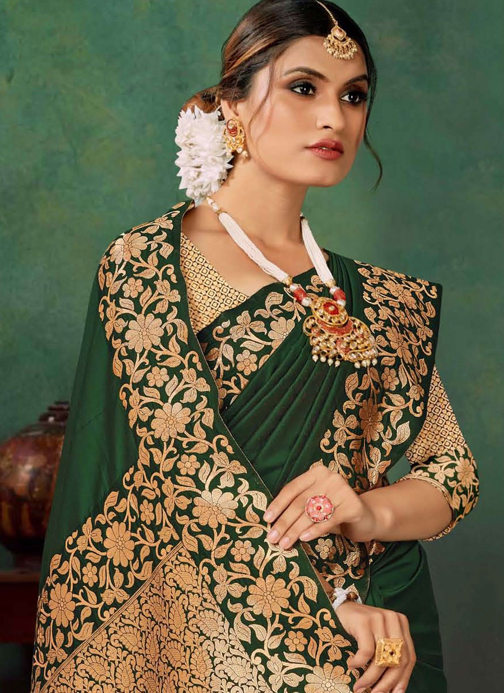 Classic Saree Jacquard Work Green Silk S12886