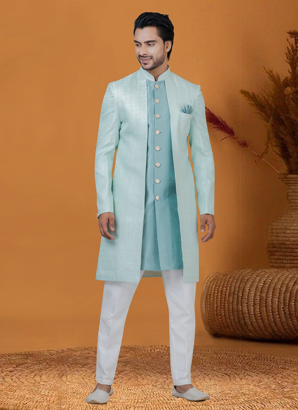 Jacquard Work Jacquard Silk Aqua Blue Indo Western - M8379