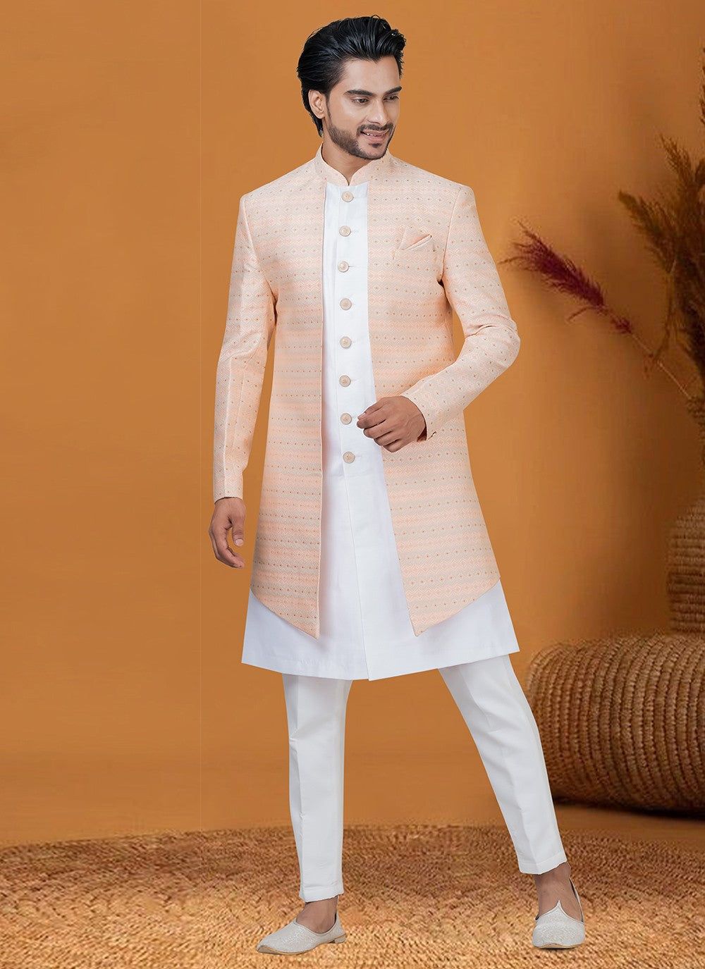 Jacquard Work Jacquard Silk Peach Indo Western - M8411