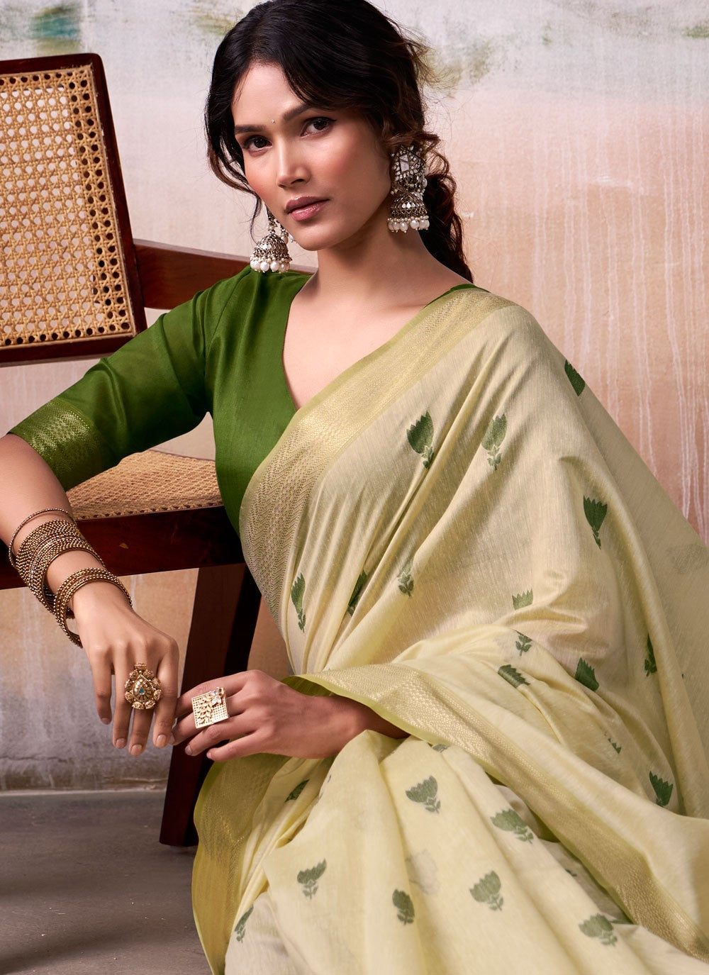 Cream Cotton Classic Saree Jacquard Work S17561