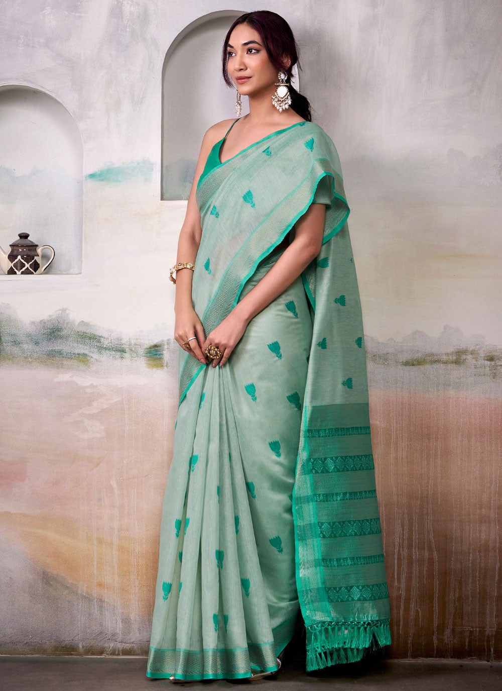Turquoise Cotton Trendy Saree Jacquard Work S17560