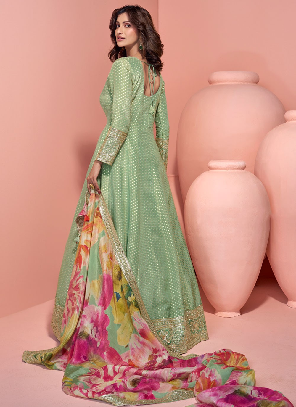 Embroidered Organza Green Trendy Suit T6011