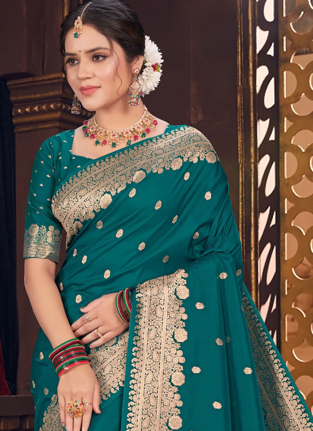 Designer Jacquard Work Green, Teal Silk S12881