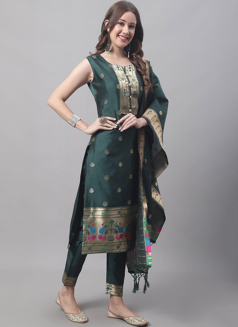 Pant Style Suit Jacquard Work Green T7567