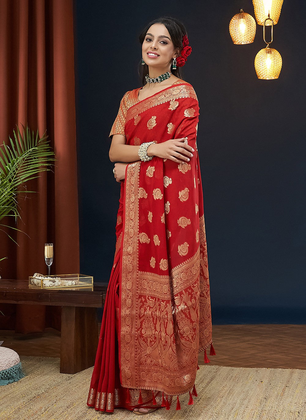Contemporary Jacquard Work Red Georgette S12543