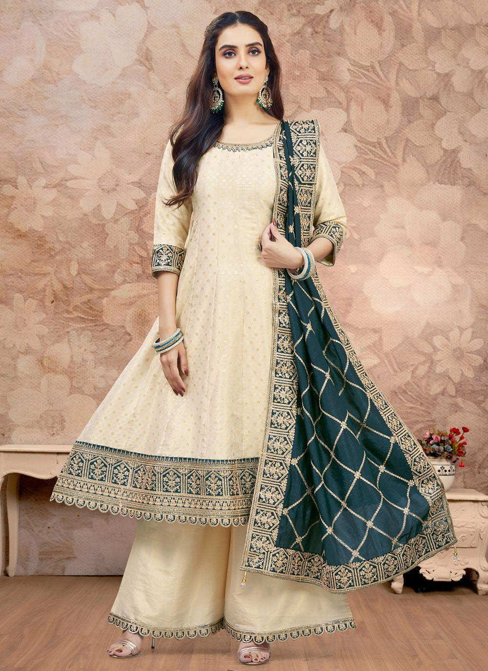 Palazzo Suit Jacquard Work Cream T7601