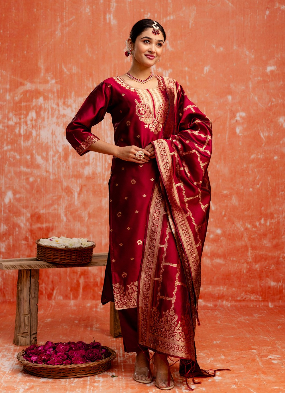 Pant Style Suit Jacquard Work, Zari Maroon T7290