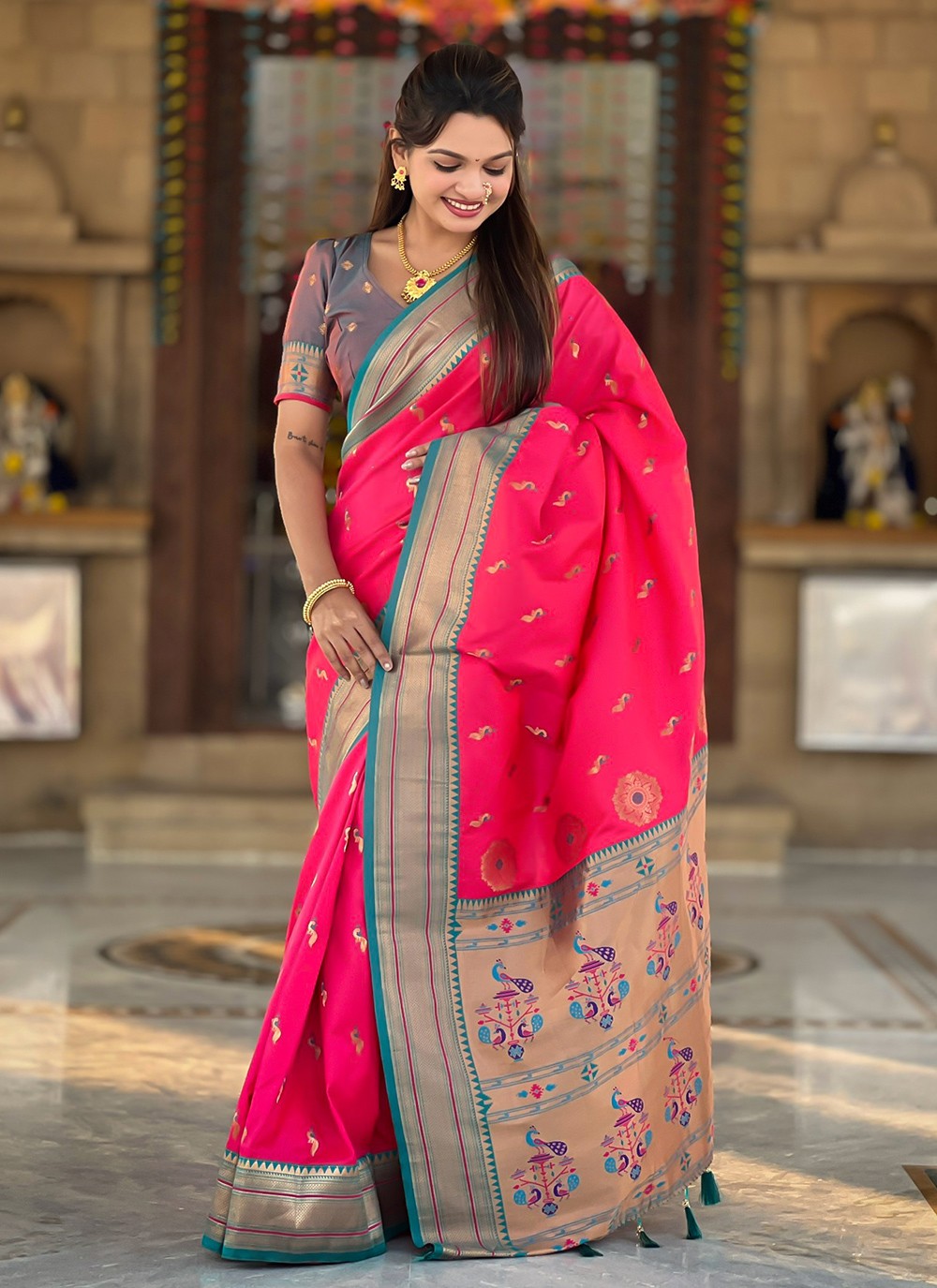 Hot Pink Silk Classic Saree Jacquard Work S16046