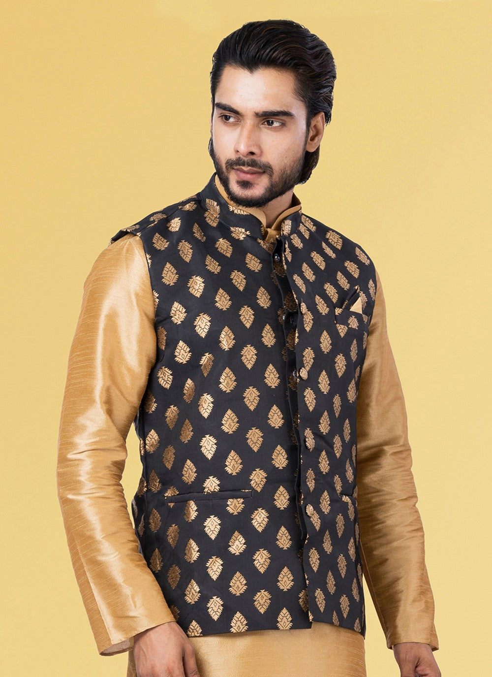 Jacquard Work Silk Black Nehru Jackets - M7440