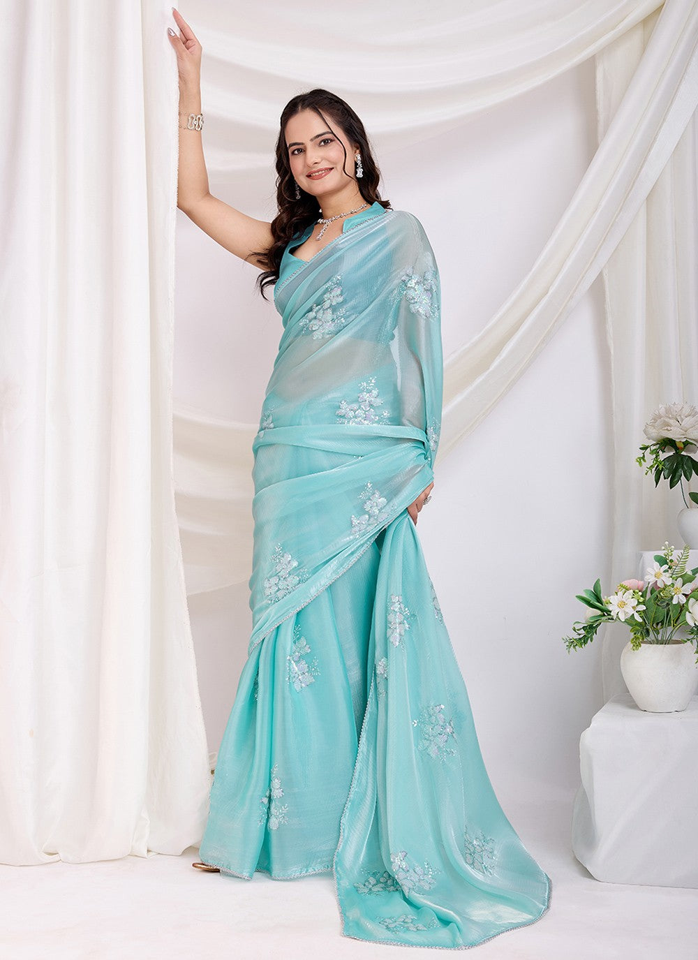Embroidered Jimmy Chu Sea Green Saree S13861