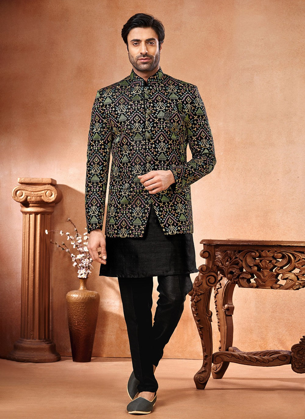 Embroidered Banarasi Silk Black, Multi Colour Jodhpuri Suit - M6670