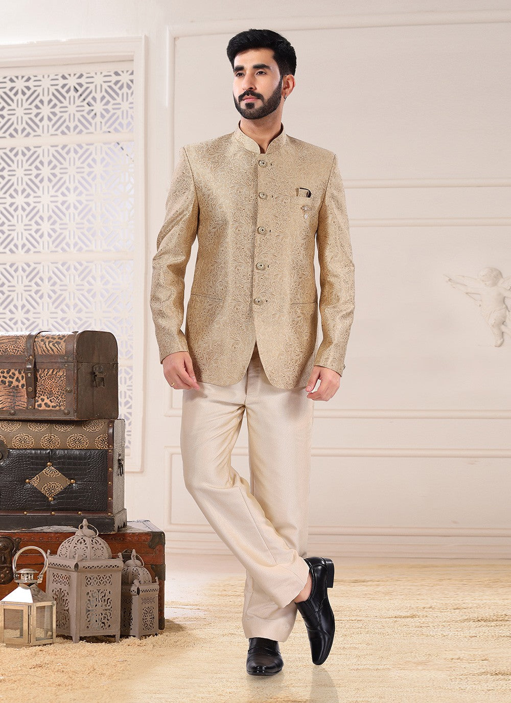 Embroidered Jacquard Gold Jodhpuri Suit - M4678