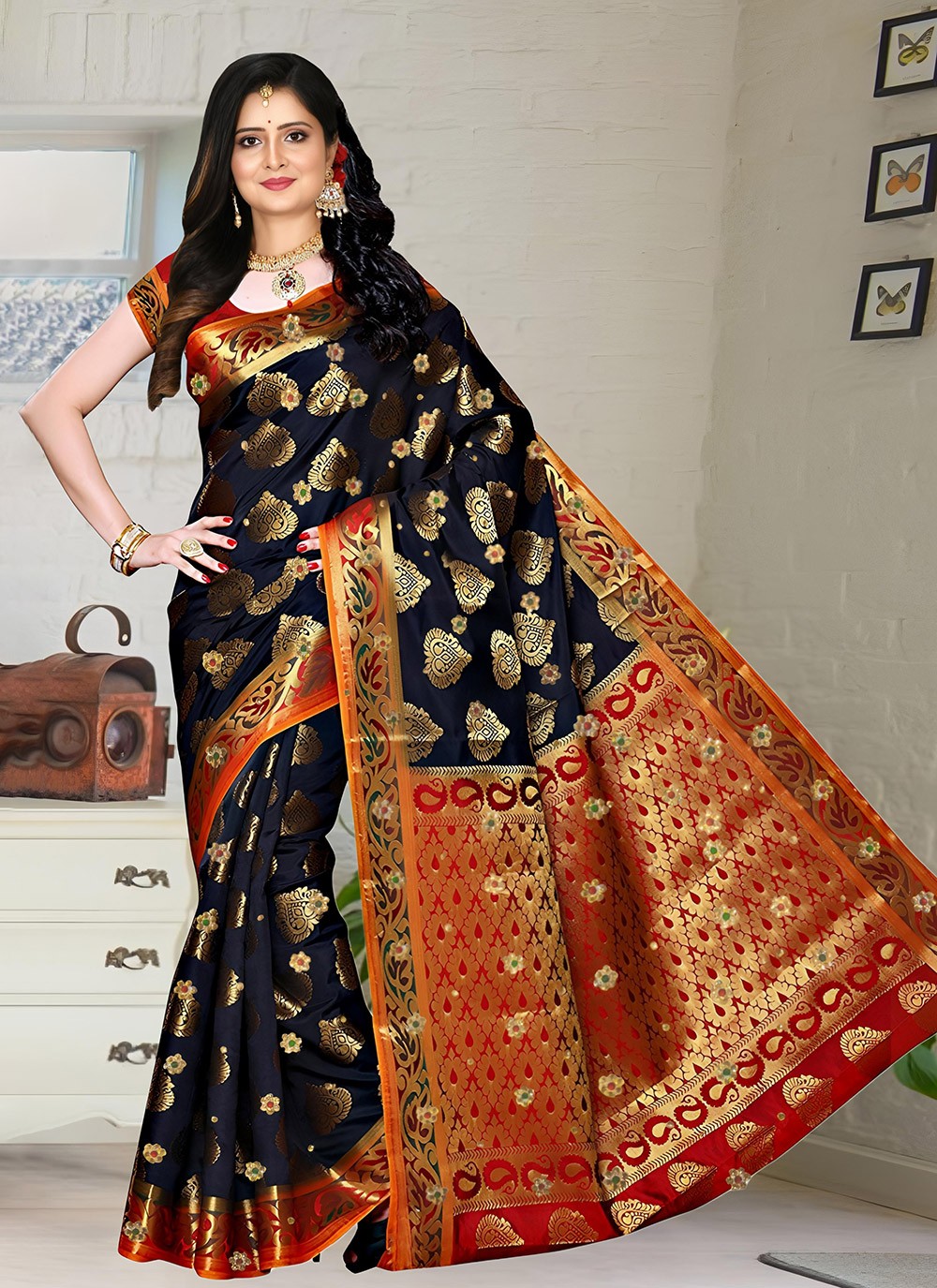 Hand Embroidery Kanjivaram Silk Black Saree S13774