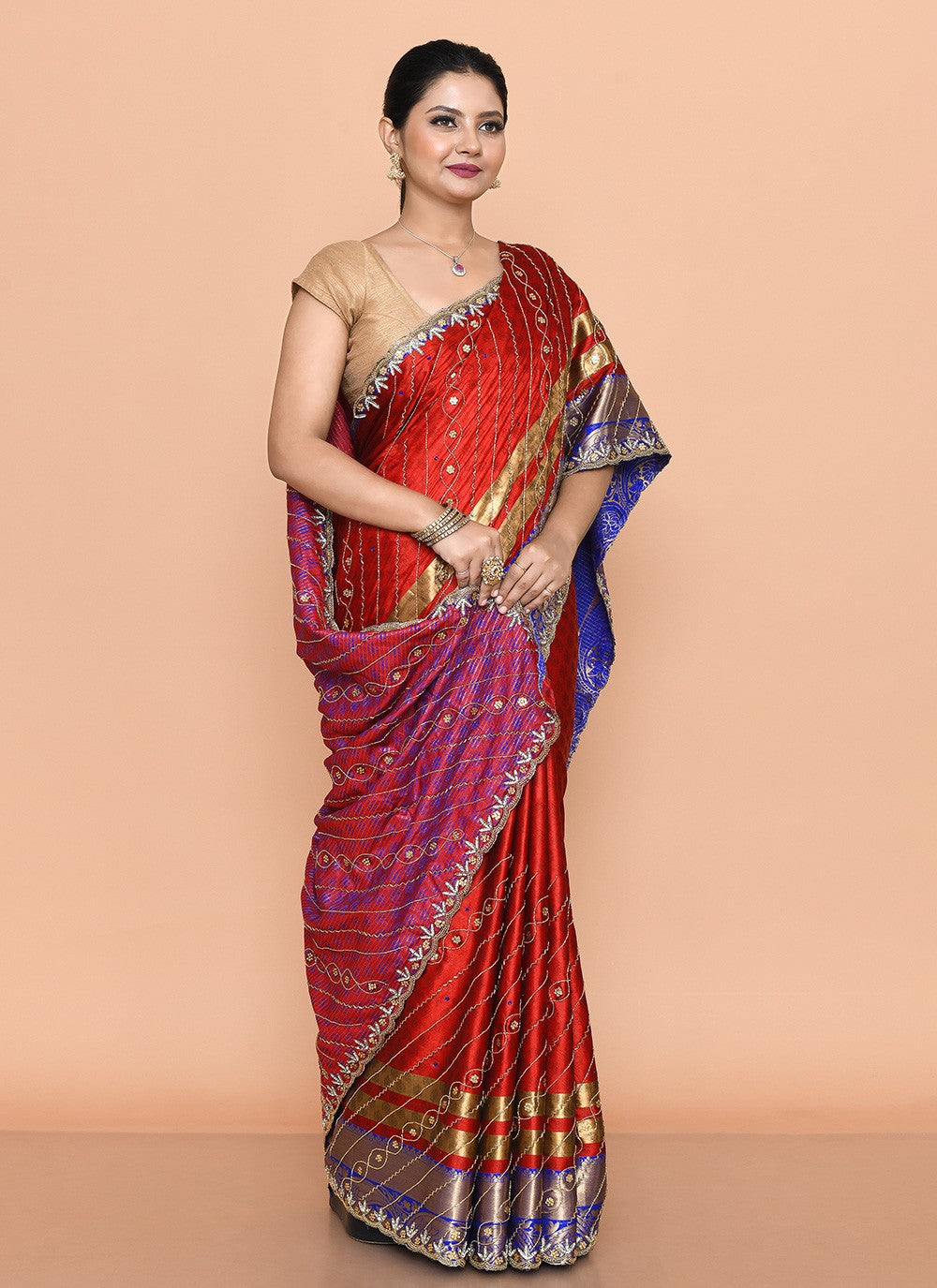 Trendy Saree Hand Embroidery Red Kanjivaram Silk Saree S13104