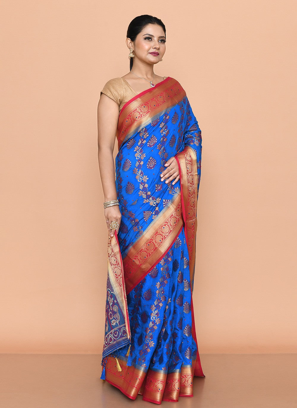 Classic Saree Hand Embroidery Blue Kanjivaram Silk Saree S13111
