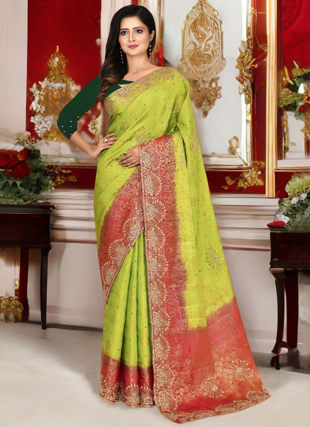 Embroidered Kanjivaram Silk Green Designer Saree S15542
