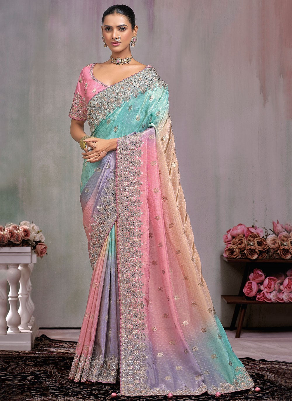 Multi Colour Kanjivaram Silk Trendy Saree Buttis, Embroidered, Mirror, Moti, Zari, Zircon S15790