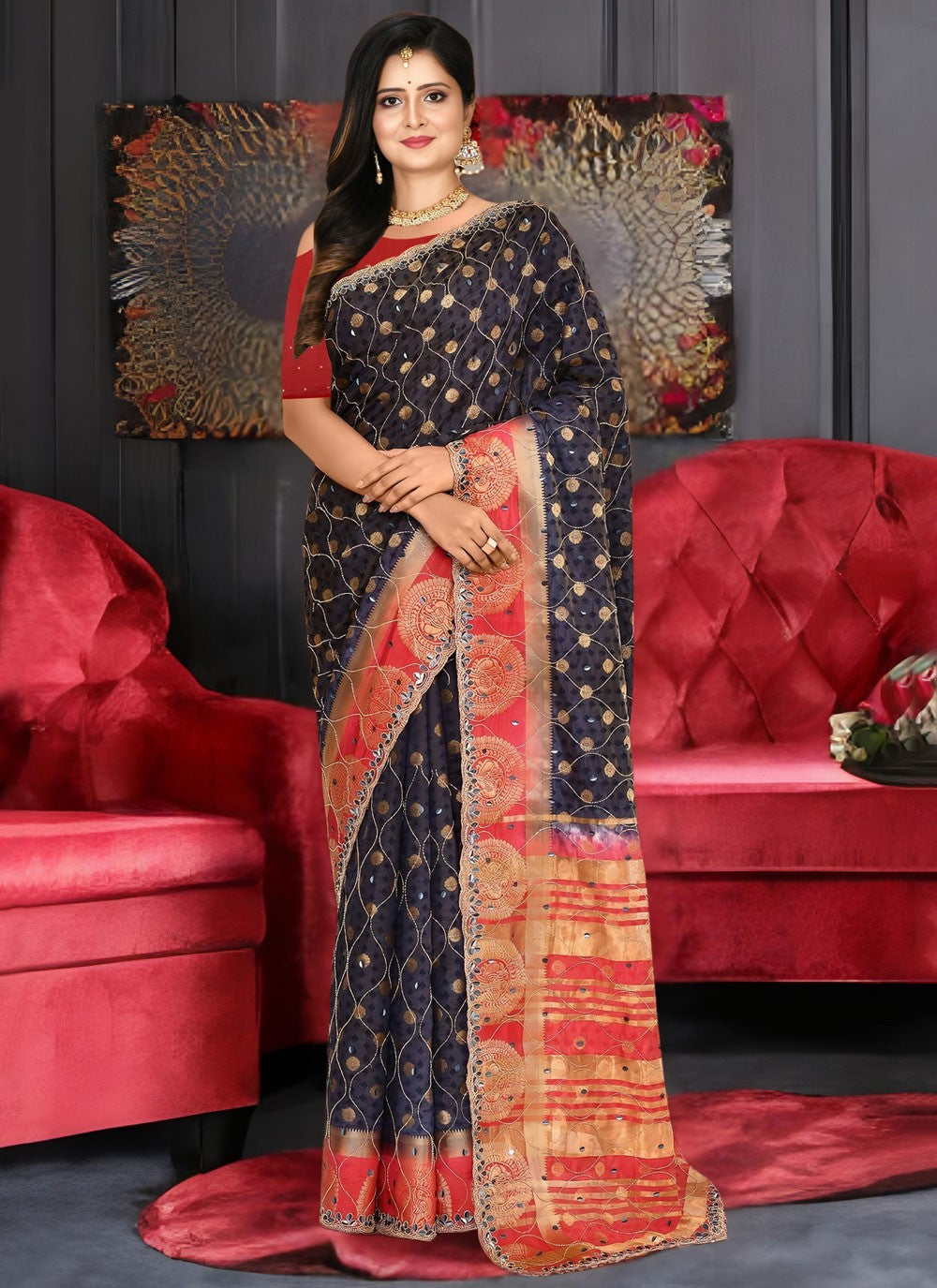 Embroidered Kanjivaram Silk Navy Blue Trendy Saree S15544