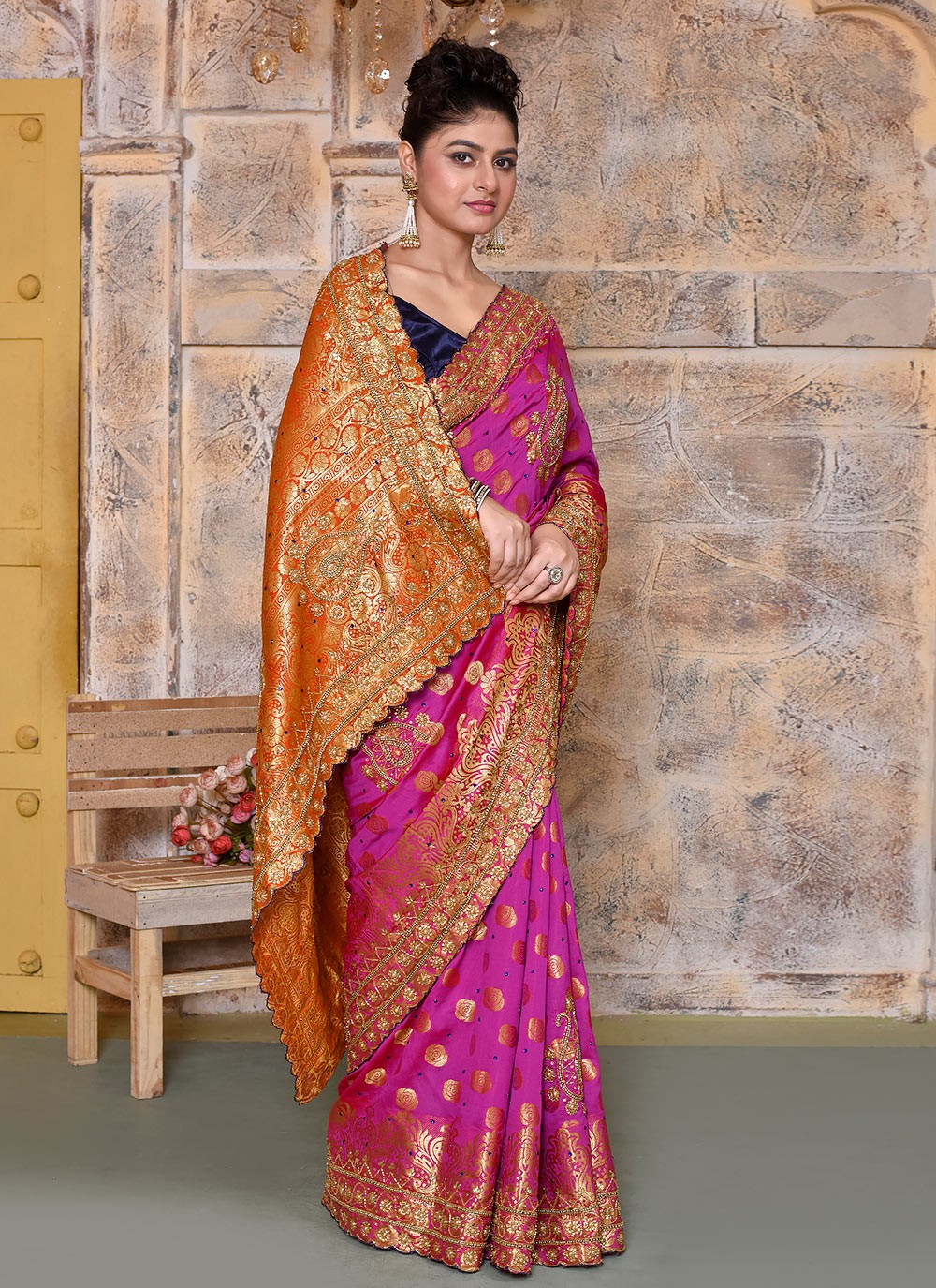Hand Embroidery Kanjivaram Silk Hot Pink Saree S14329