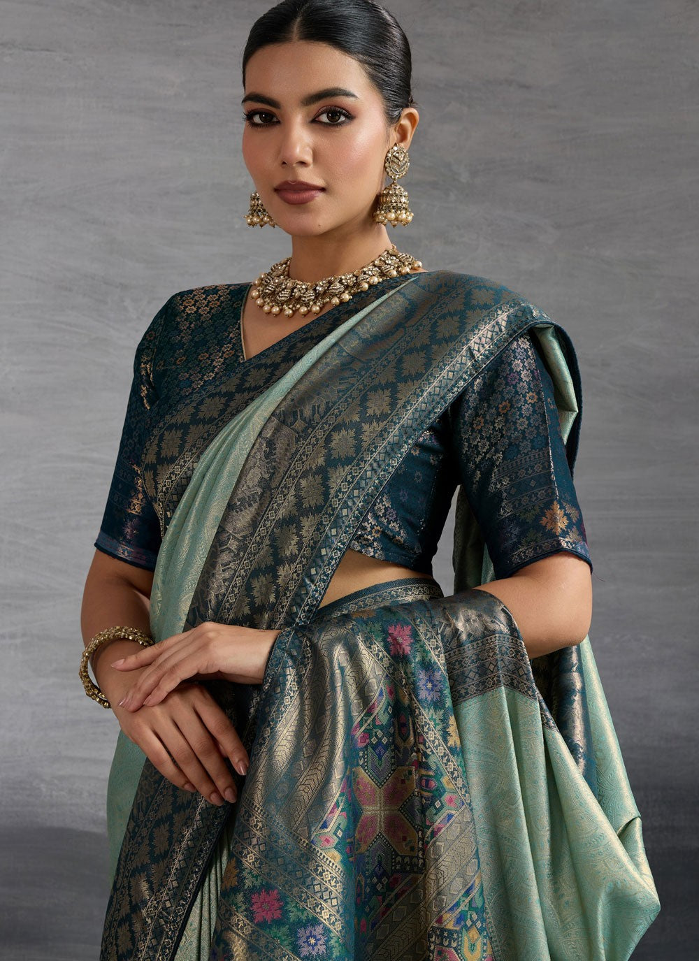 Aqua Blue Kanjivaram Silk Classic Saree Meenakari, Woven, Zari S17634