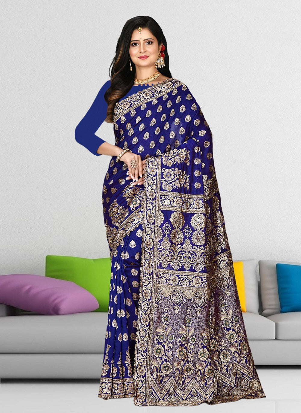 Hand Embroidery Kanjivaram Silk Blue Saree S13773