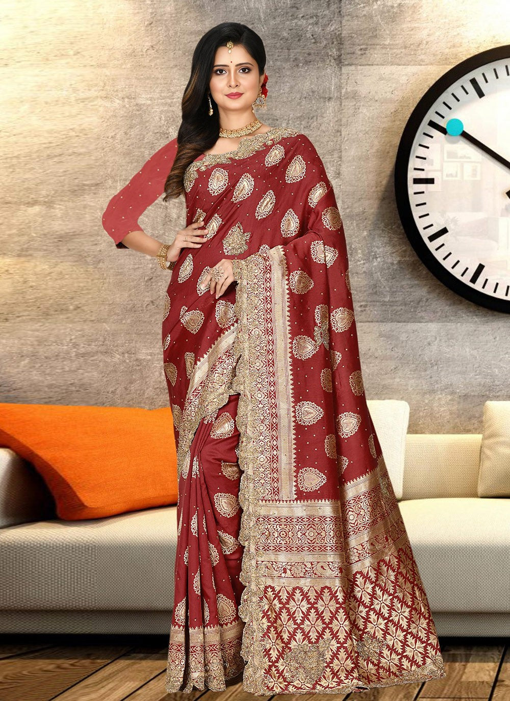 Hand Embroidery Kanjivaram Silk Red Saree S13763