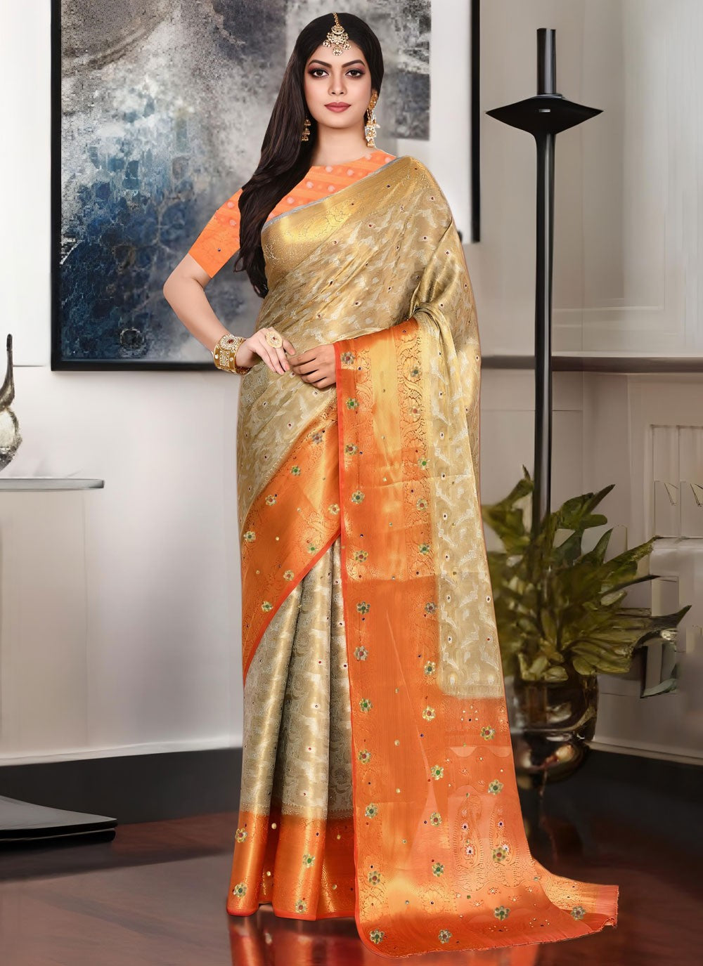 Fancy Work Kanjivaram Silk Grey Trendy Saree S15538