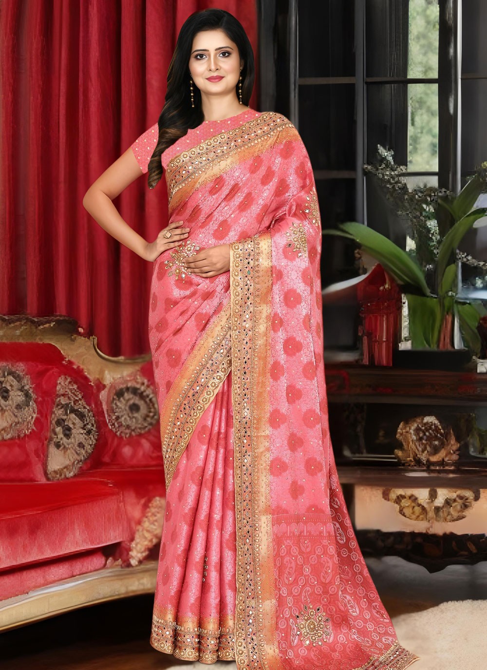 Embroidered Kanjivaram Silk Pink Trendy Saree S15532