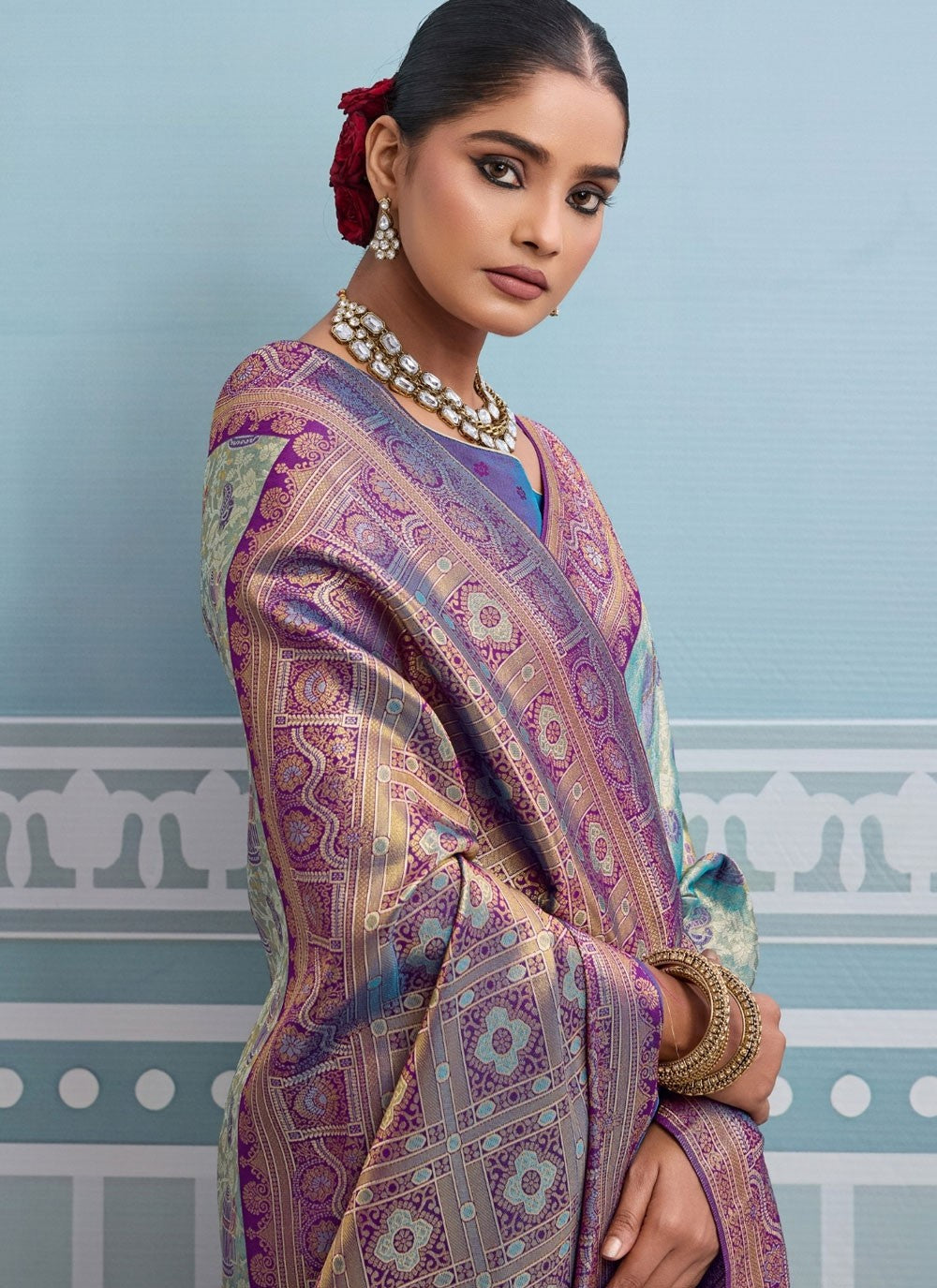 Aqua Blue Kanjivaram Silk Contemporary Saree Weaving Zari S19821