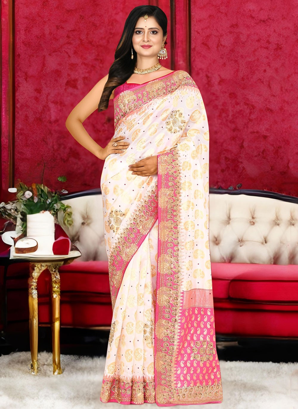Embroidered Kanjivaram Silk White Traditional Saree S15534