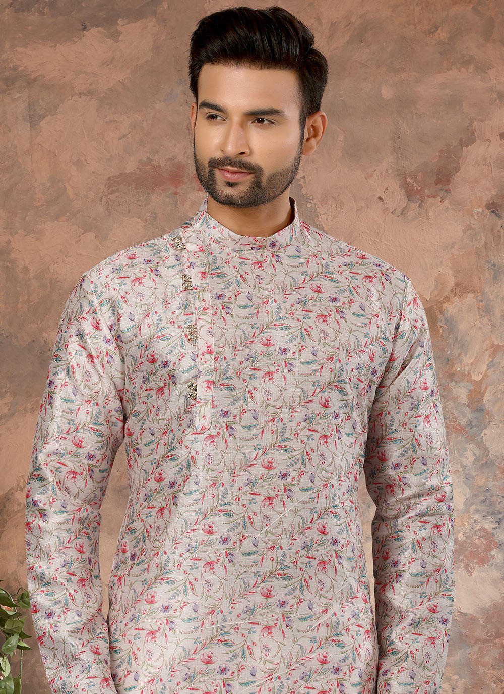 Digital Print Silk Cream, Multi Colour Kurta - M5626