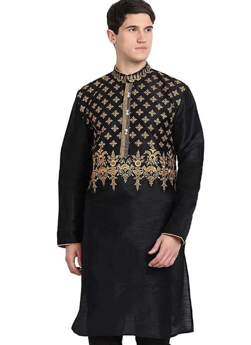 Embroidered Art Dupion Silk Black Kurta - M4228