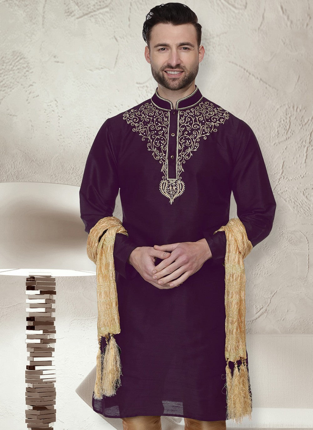 Embroidered Art Dupion Silk Purple Kurta - M1472