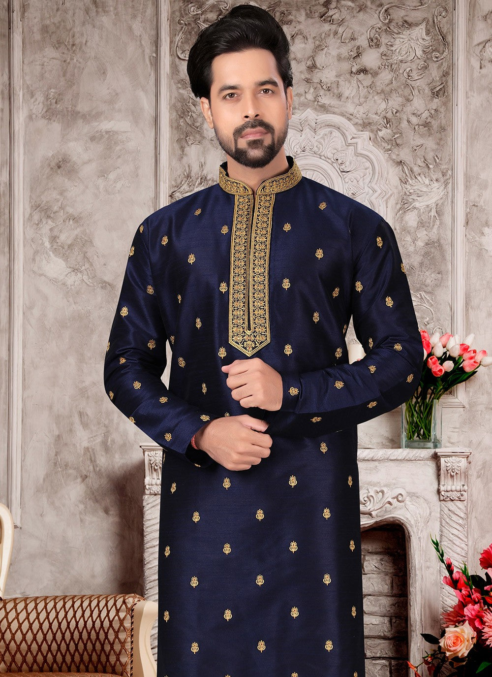Embroidered Dupion Silk Navy Blue Kurta - M5611