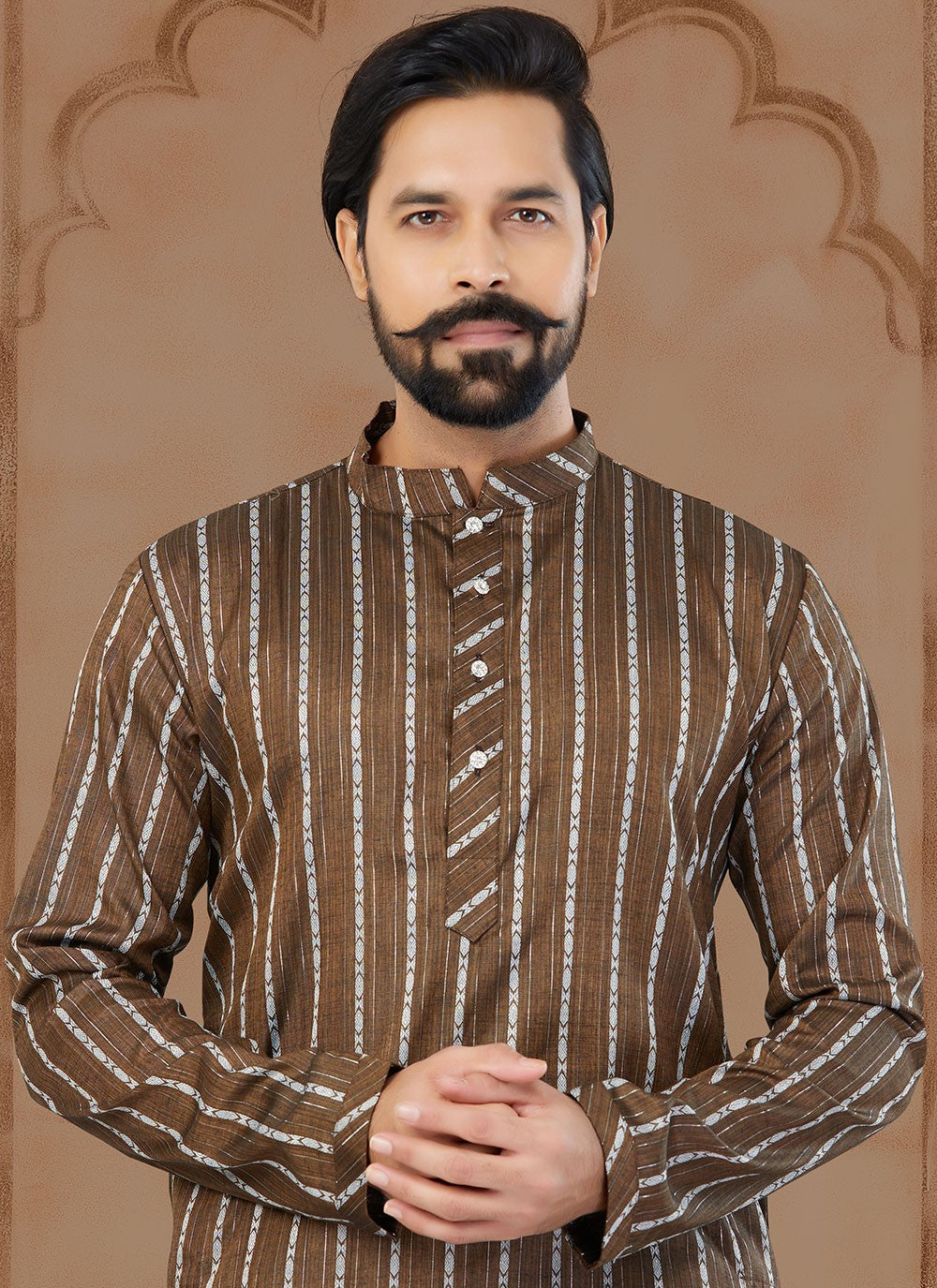 Fancy Work Soft Cotton Brown Kurta - M5782